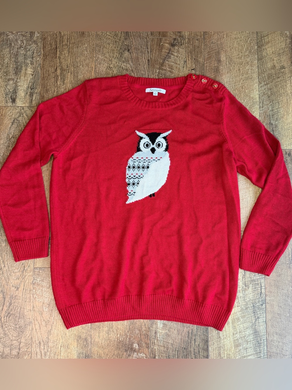 Serengeti Women’s Thin Knit Owl Sweater Shoulder Buttons Red Large